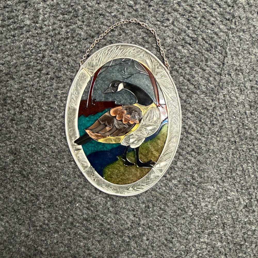 Vintage Canada Goose Oval Stained Glass Suncatcher Textured Metal Frame 7.75"